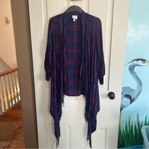 Knox Rose Navy and Magenta Plaid Sweater Kimono Open Cardigan